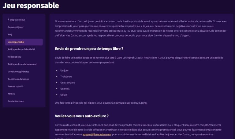 Haz Casino jeu responsable